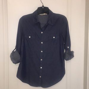 Denim blue button down blouse